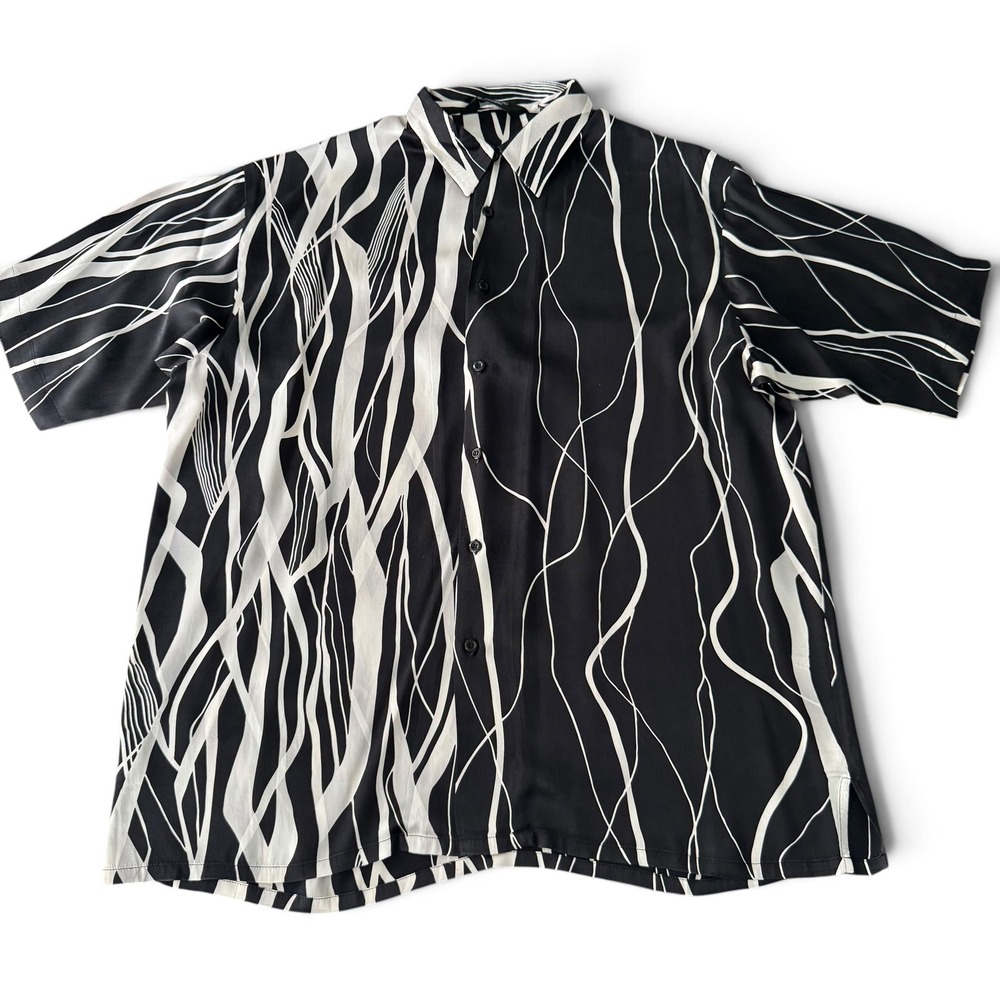 VTG Genelli Button Down Shirt Men XL Black White 100% Silk Abstract Wavy Print
